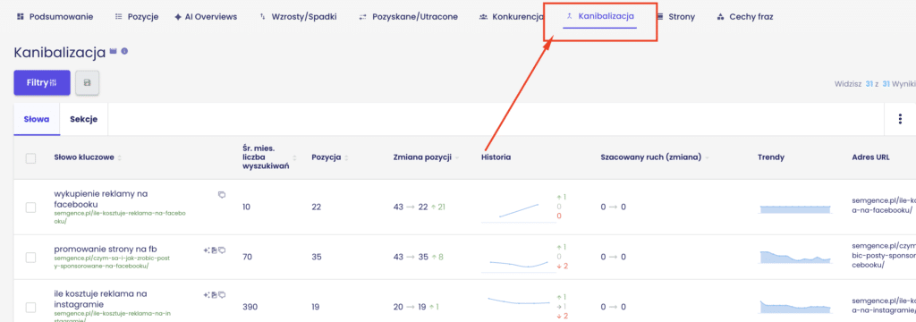 Badanie kanibalizacji słów kluczowych w Senuto