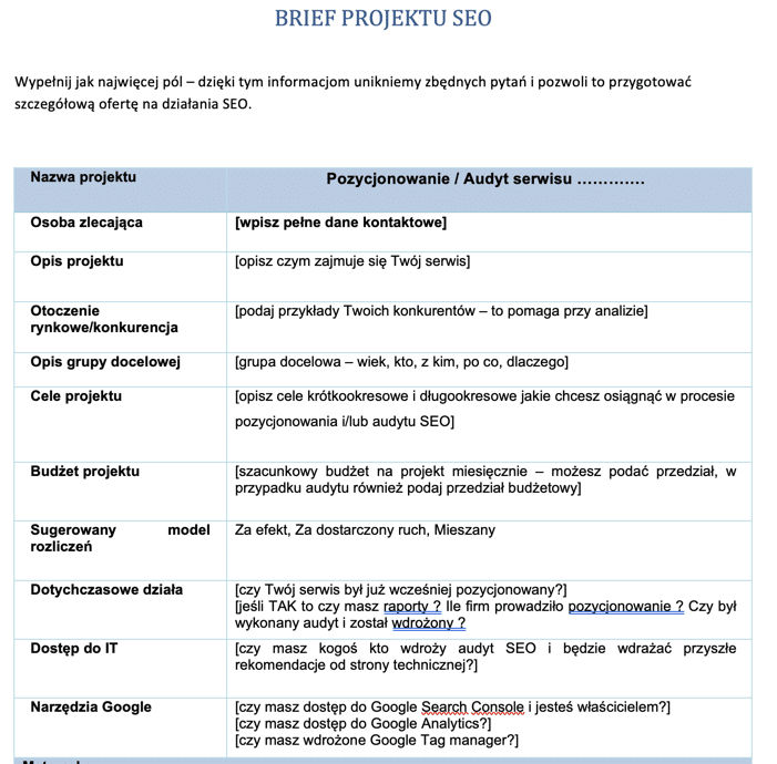brief seo - projekt