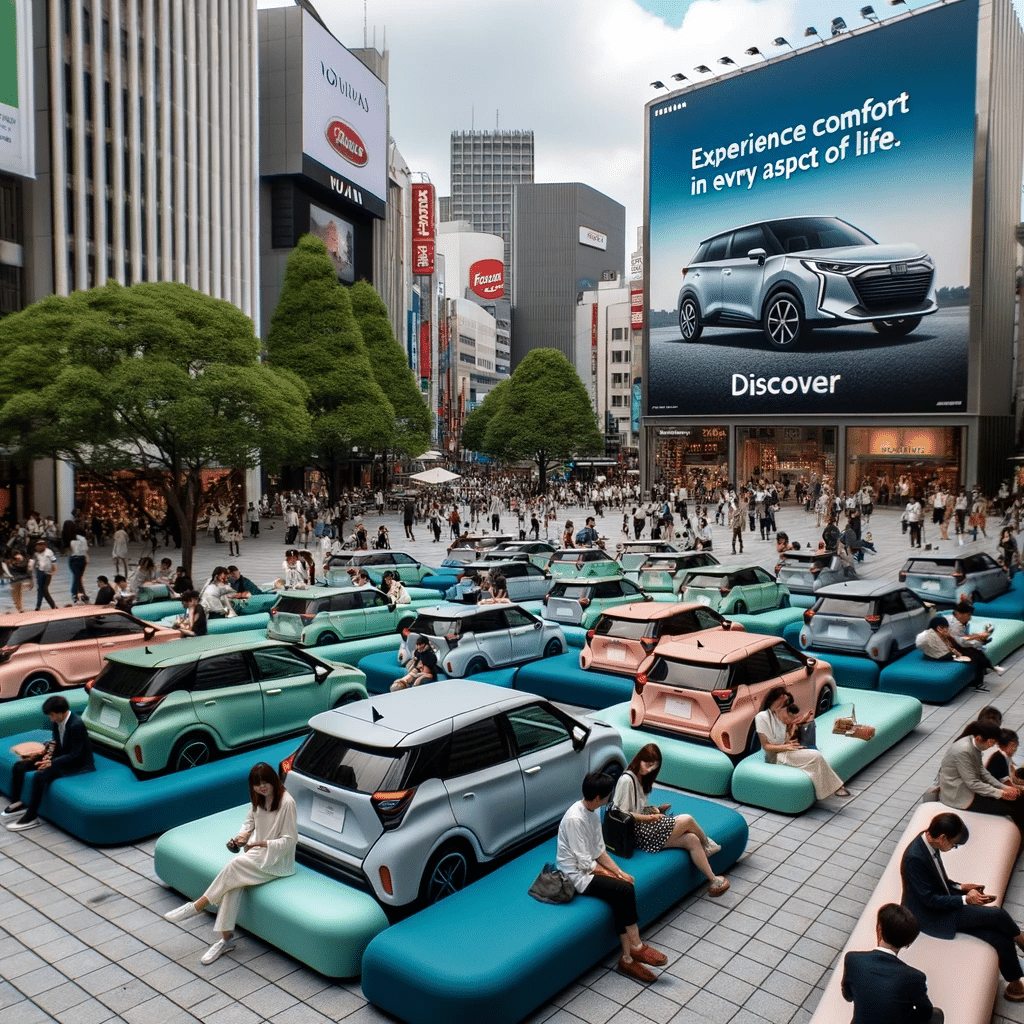 przykład reklamy ambient marketingu wygenerowany przez chatGPT oraz plugin do Dall-e - reklama auto w przestrzeni publicznej