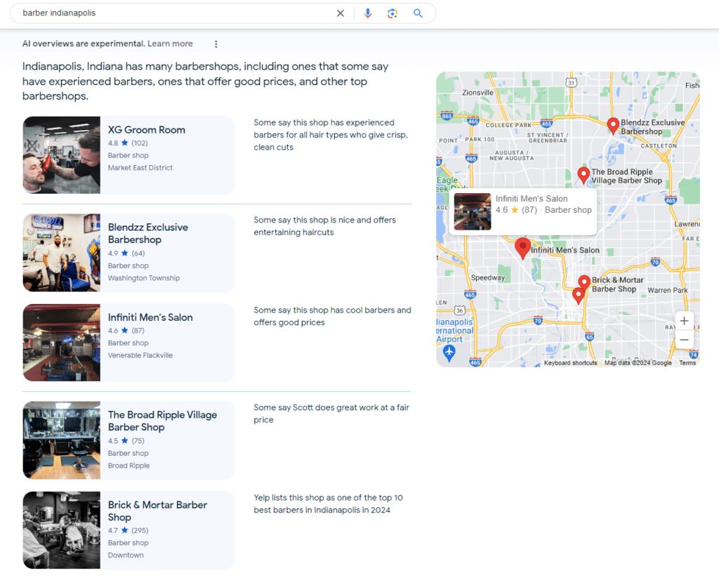 Wygląd lokalnych wyników generatywnych w Google.