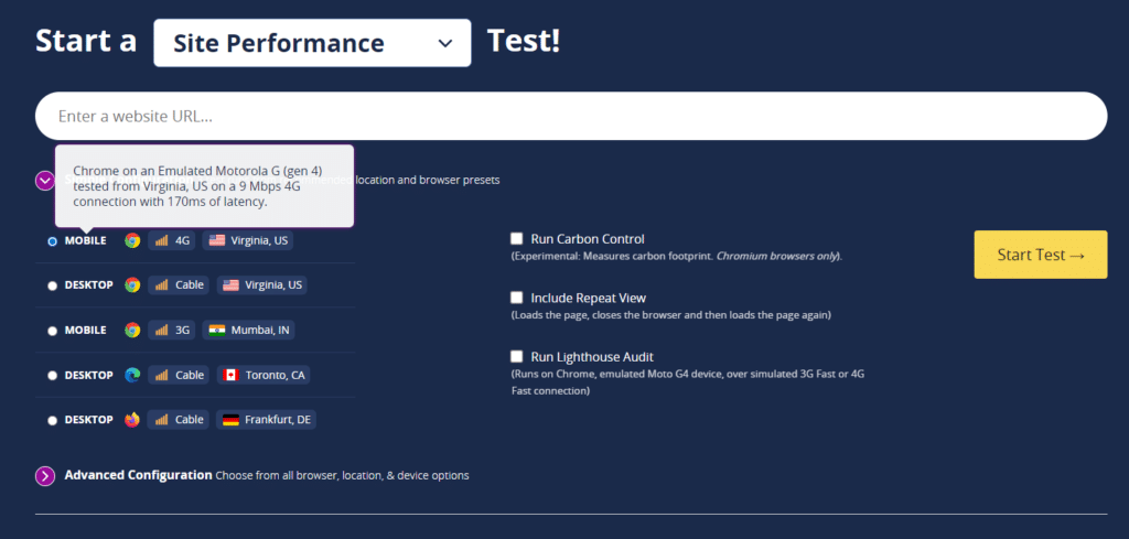 Analiza wydajności witryny w WebPageTest.