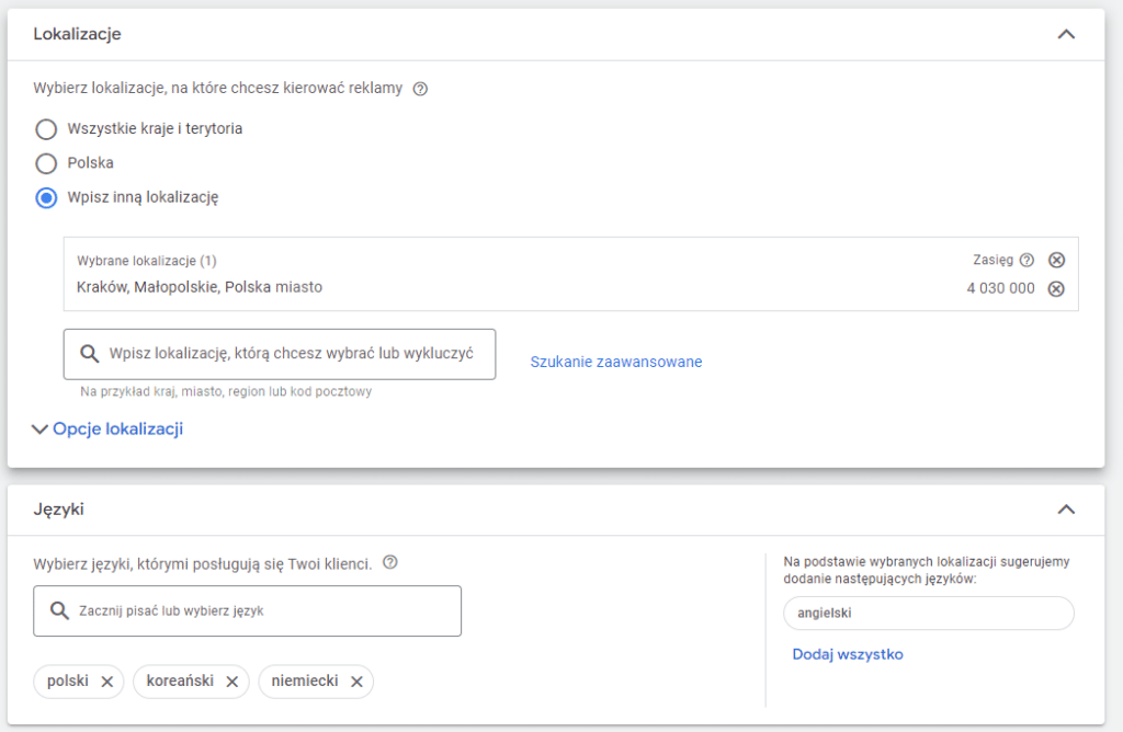 język i lokalizacja google ads
