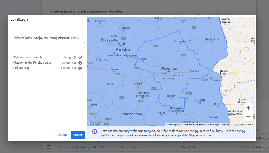 lokalizacja keyword planner