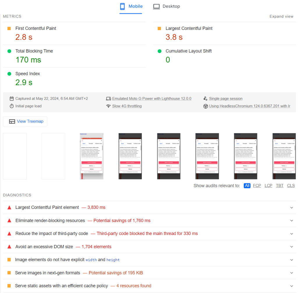 Przykładowy wynik analizy PageSpeed Insights – diagnostyka.
