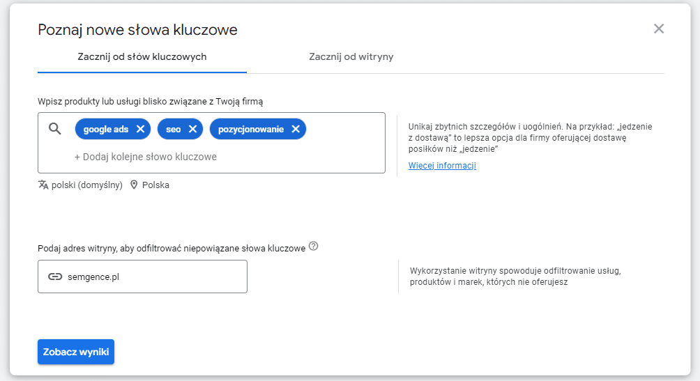 odnajdywanie nowych słów kluczowych w planerze