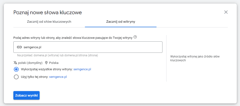 znajdywanie nowych słów kluczowych w planerze na podstawie domeny