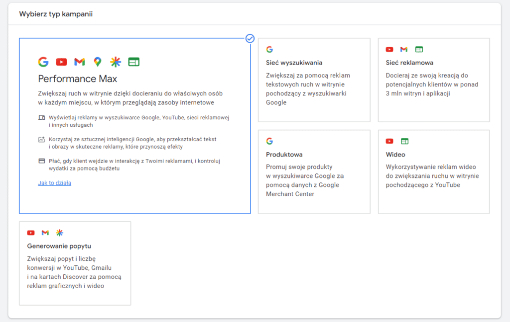 sugestia wyboru typu kampanii