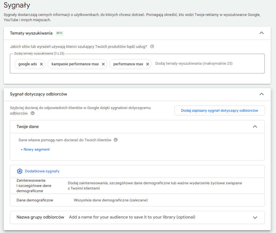 sygnały Performance Max