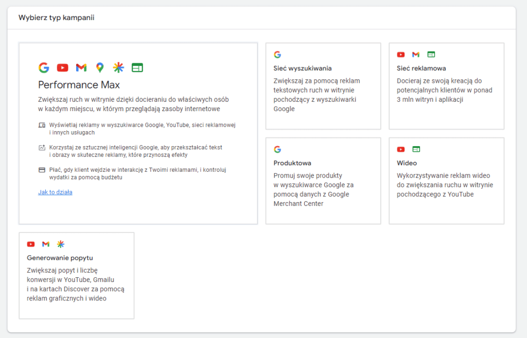 typy kampanii google ads