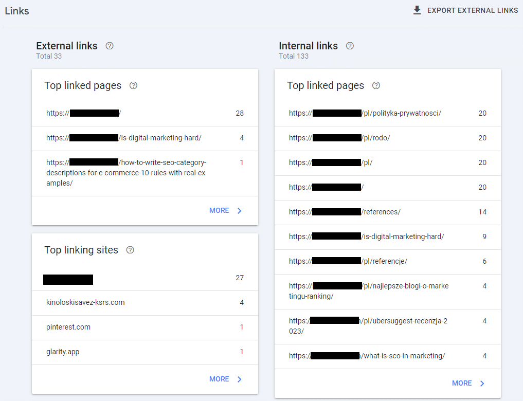 Weryfikacja profilu linków w GSC.