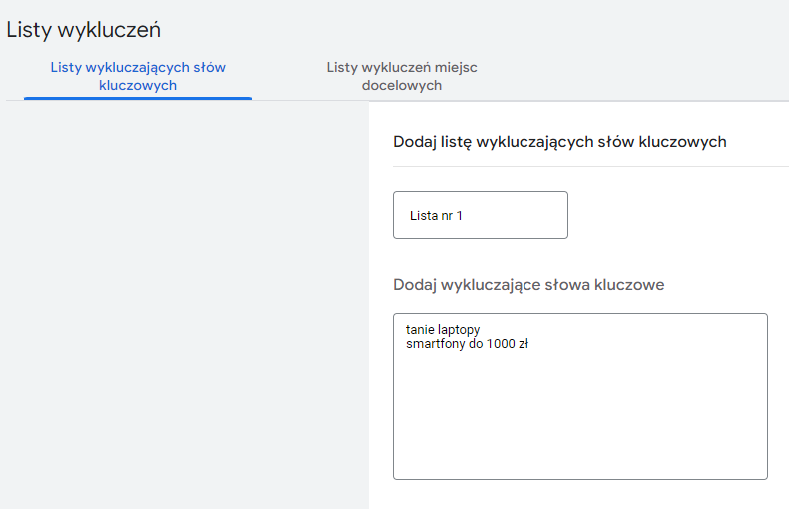 wykluczenia słów kluczowych w Google Ads