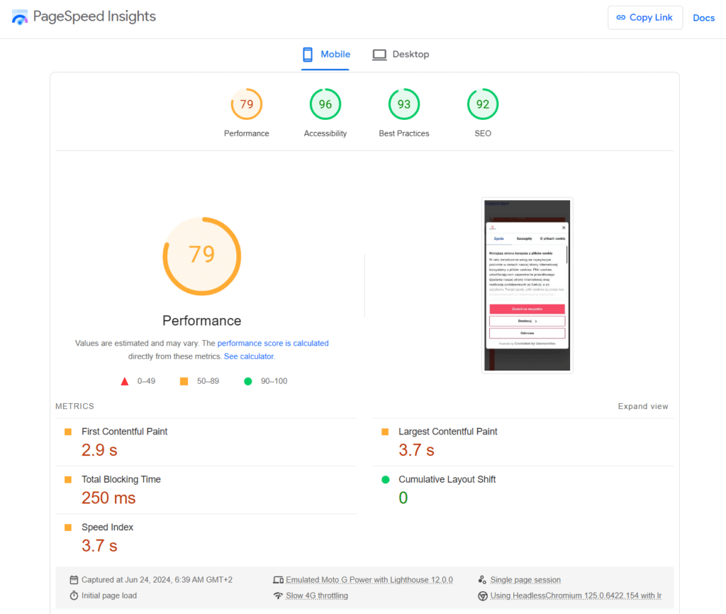 Analiza wydajności wersji mobilnej witryny w Google PageSpeed Insights.