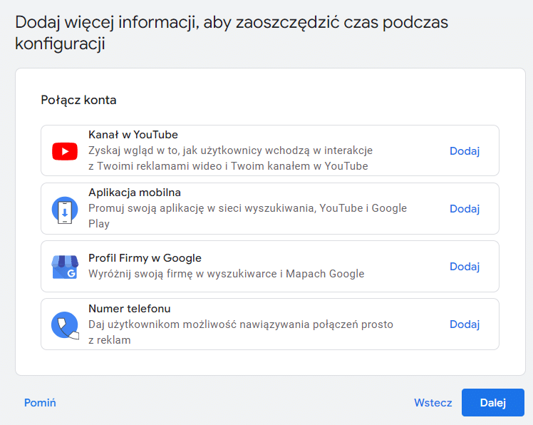 dane opcjonalne o Twojej firmie w Google Ads