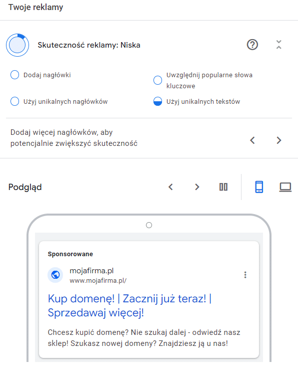 konfiguracja treści reklamy