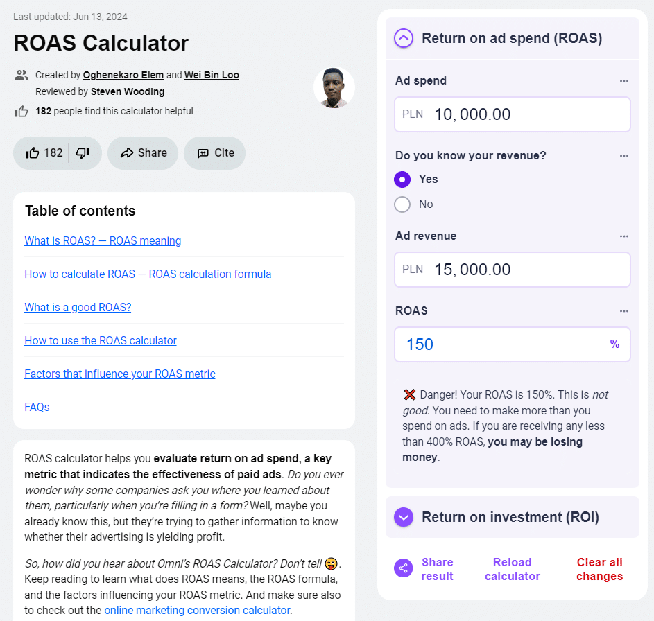 Przykładowy kalkulator ROAS.