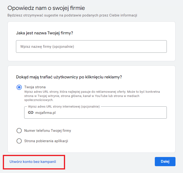 utwórz konto bez tworzenia kampanii
