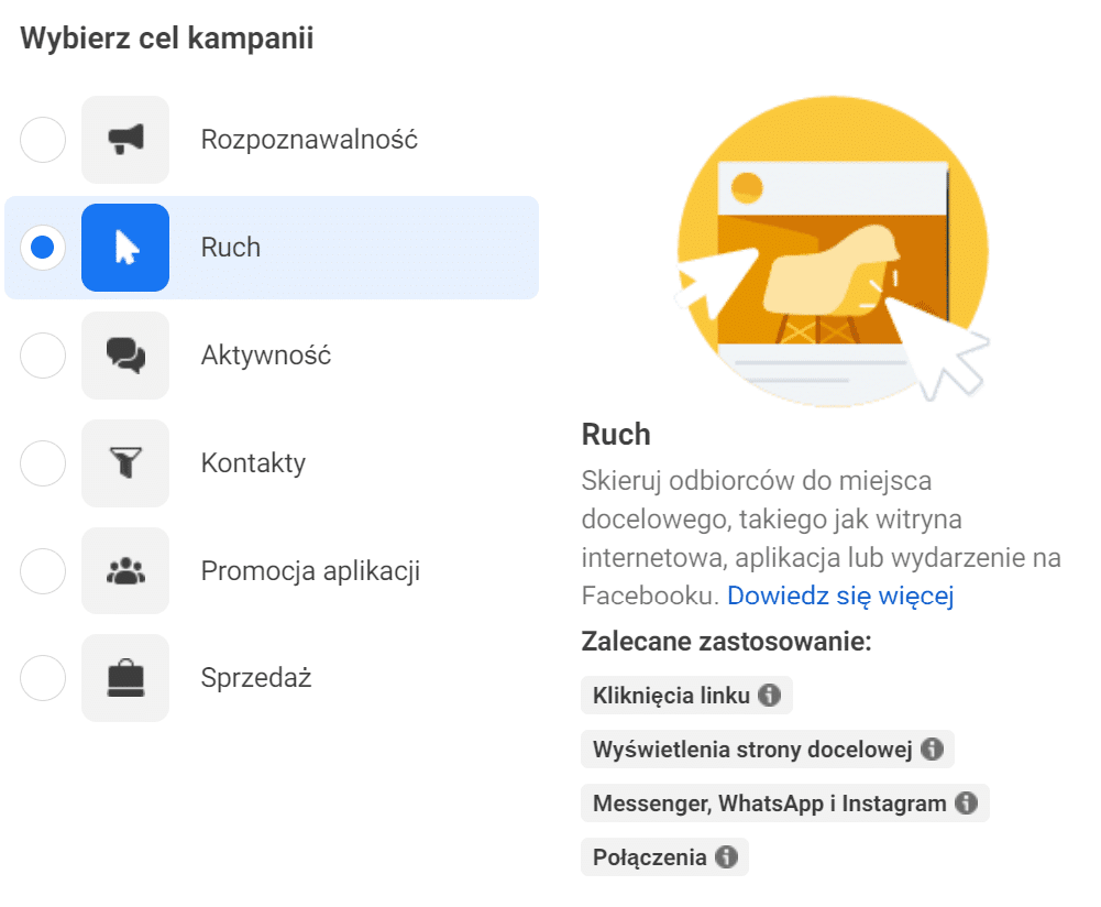 wybór celu kampanii facebook ads