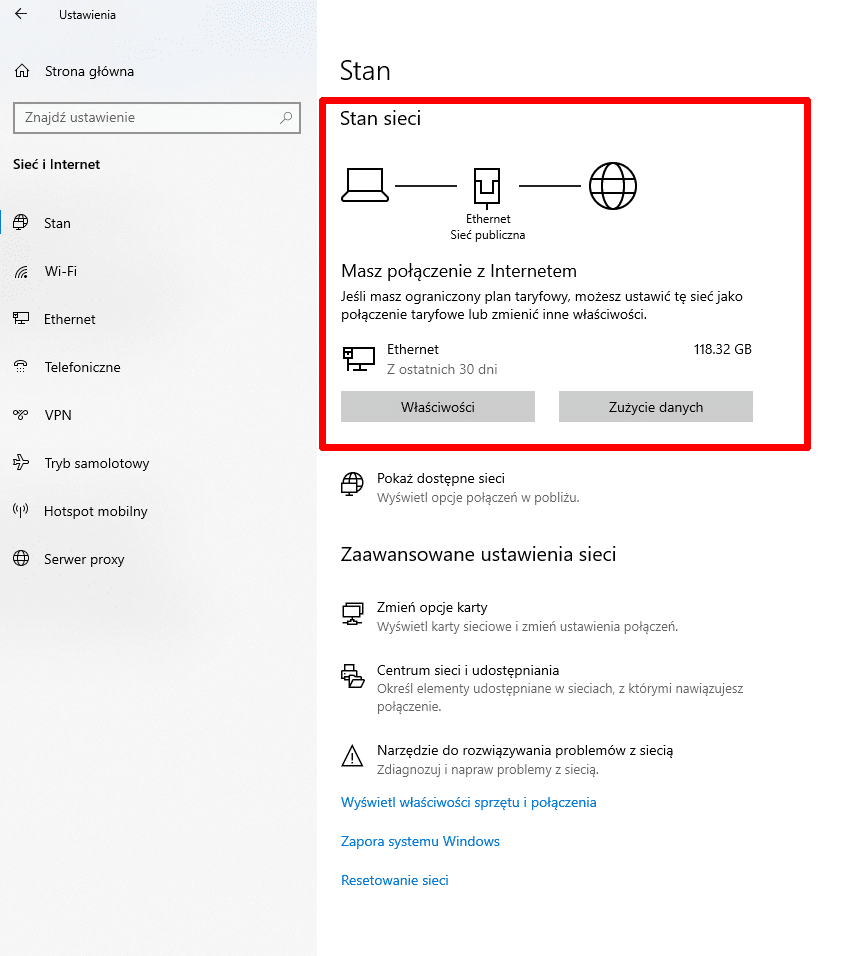 Analiza połączenia sieciowego Windows.
