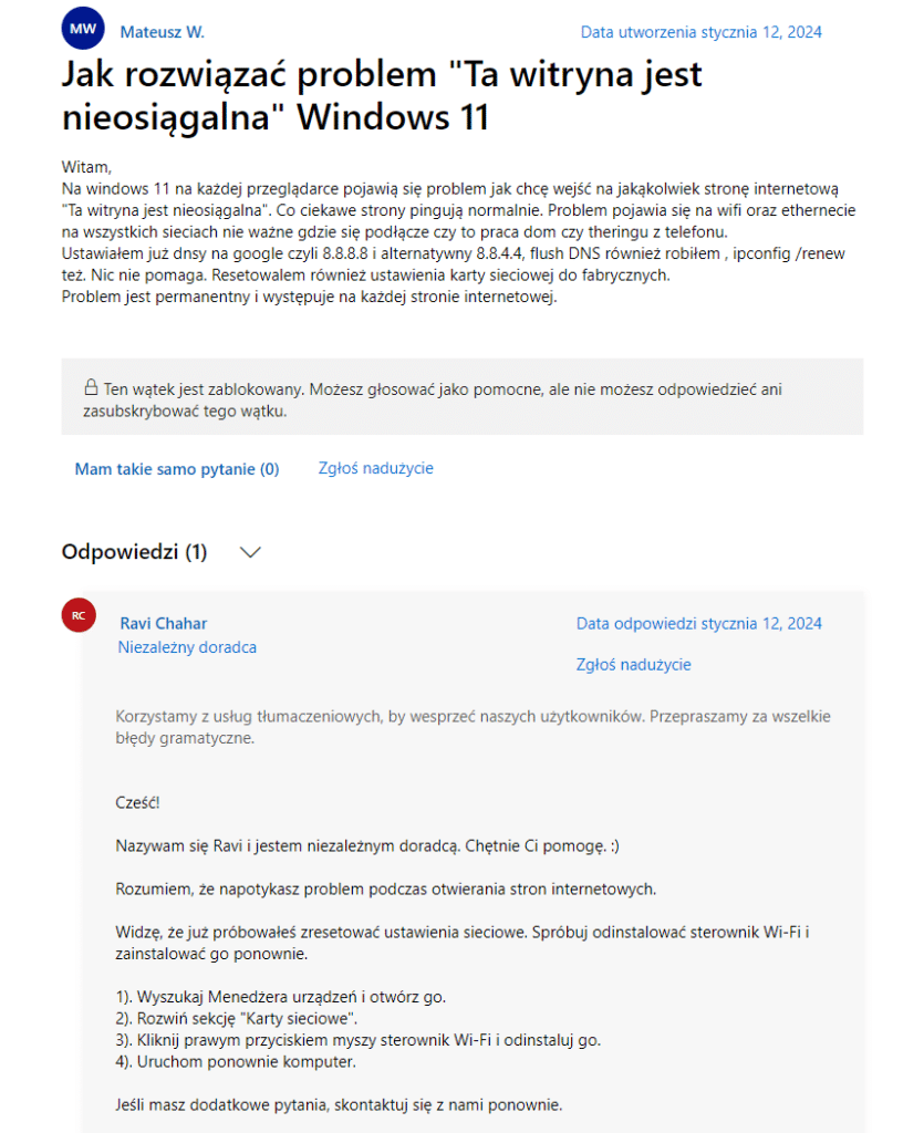 Instrukcja rozwiązania błędu „Ta witryna jest nieosiągalna” na Windows 11 – odinstalowanie sterownika Wi-Fi.