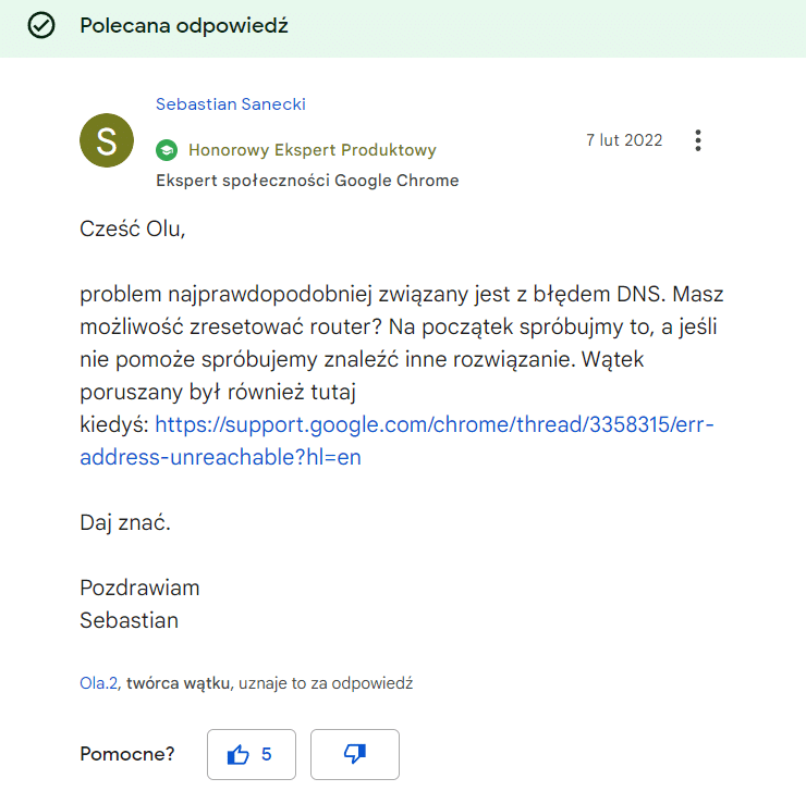 Odpowiedź honorowego eksperta produktowego.
