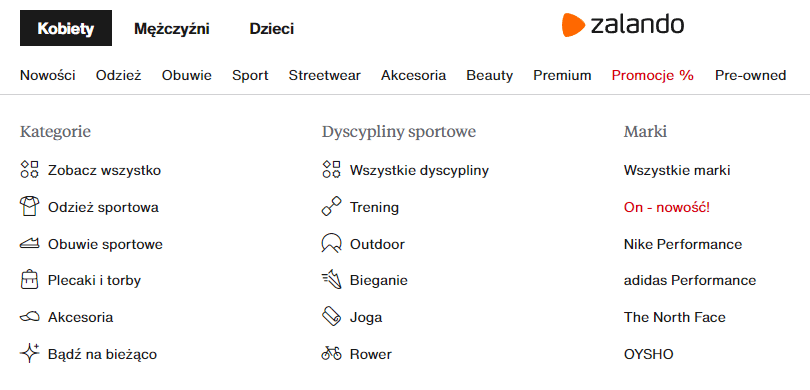 przykład przejrzystej struktury sklepu (Zalando)