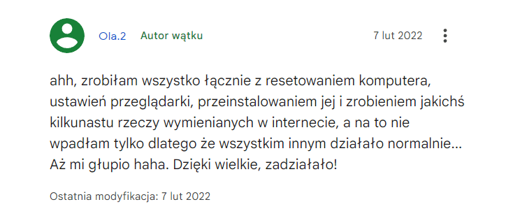 Rezultaty podjętych działań przez użytkownika. 