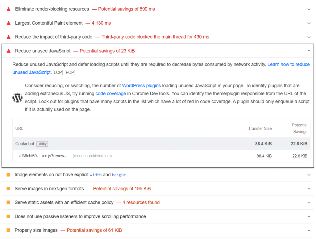 Potencjalne błędy w witrynie, które warto wyeliminować w celu przyspieszenia ładowania strony – analiza Google PageSpeed Insights.