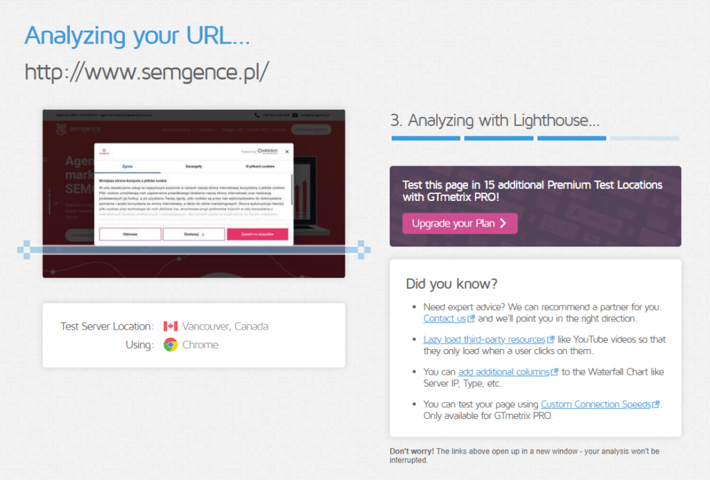 Analiza witryny w GTMetrix.