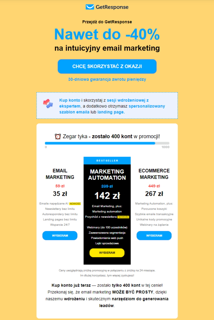 Atrakcyjny rabat poprzez e-mail od firmy GetResponse.