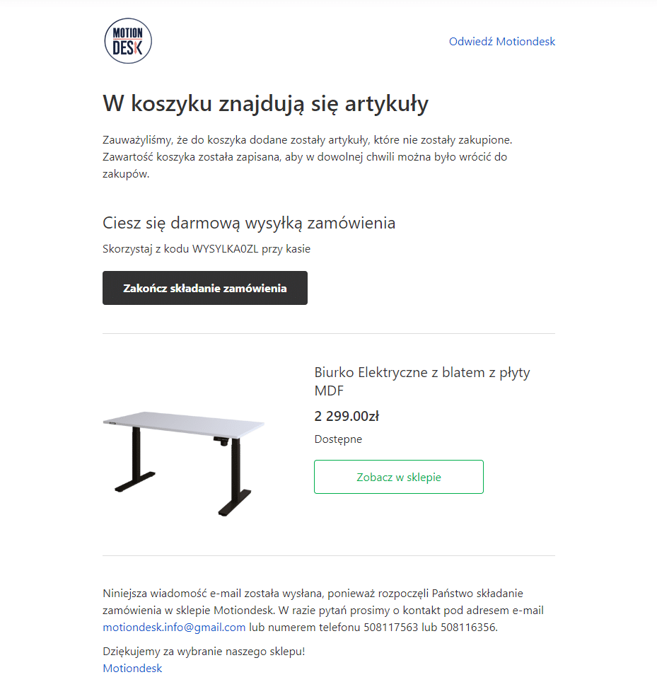 Automatyczny e-mail przypominający o porzuconym koszyku w sklepie Motiondesk.