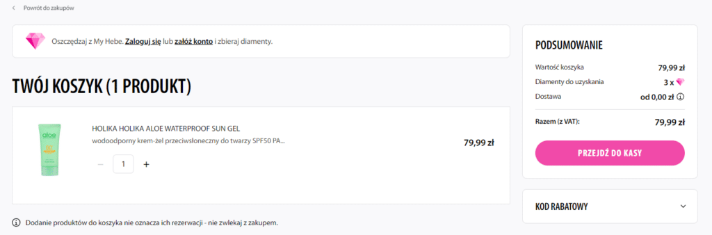 Strona Hebe z koszykiem zakupowym umożliwiająca sprawne przejście do kasy.