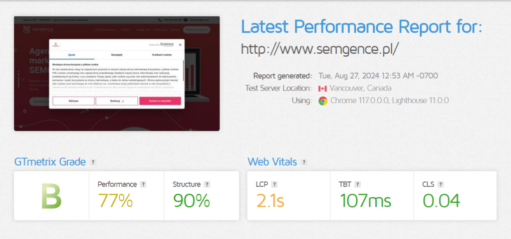 Weryfikacja strony pod kątem wydajności w GTMetrix.