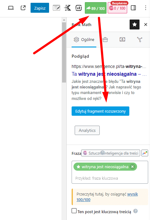 Aktywacja interfejsu Rank Math SEO w konkretnym wpisie blogowym.