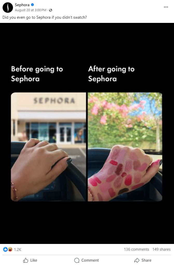 Humorystyczny post promujący kosmetyki Sephora.