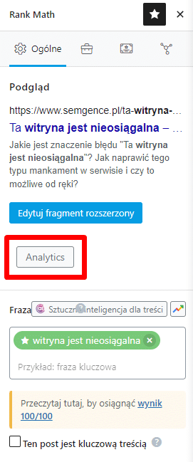 Kompleksowa analiza wpisu z pomocą Rank Math SEO.