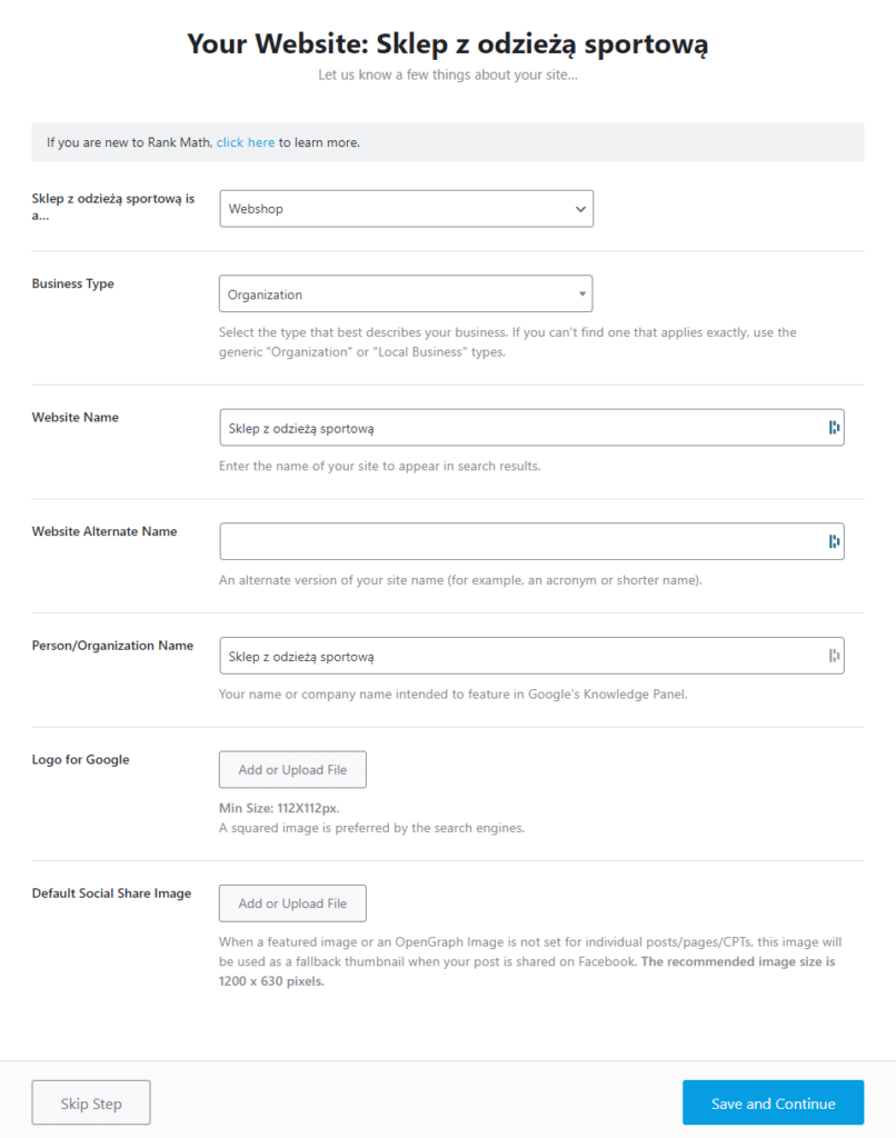 Uzupełnianie informacji o witrynie.