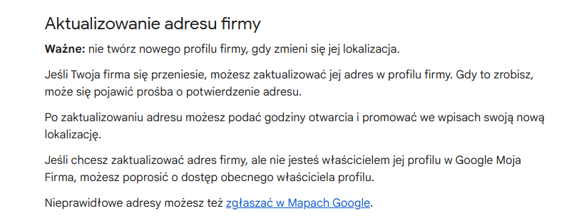 Aktualizowanie adresu firmy w Google.