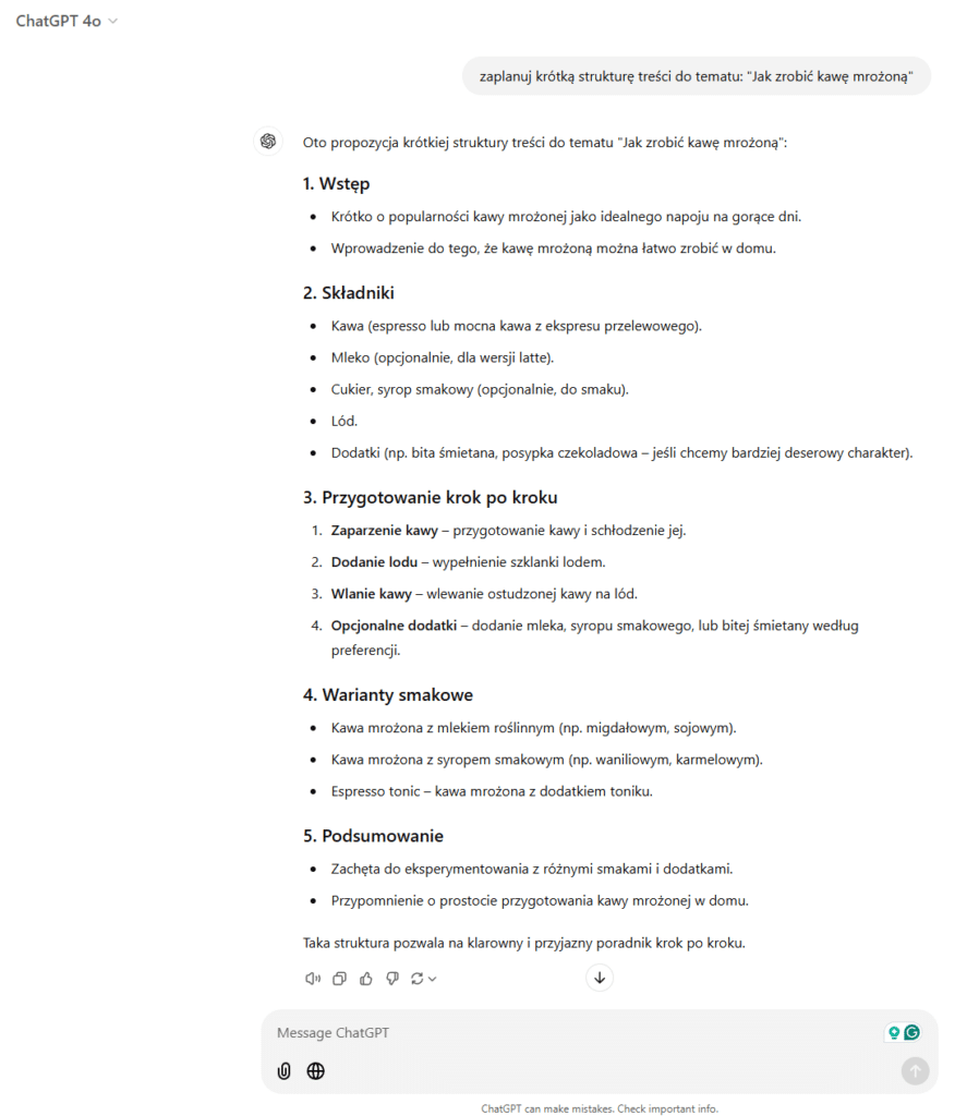 ChatGPT planujący strukturę contentową.
