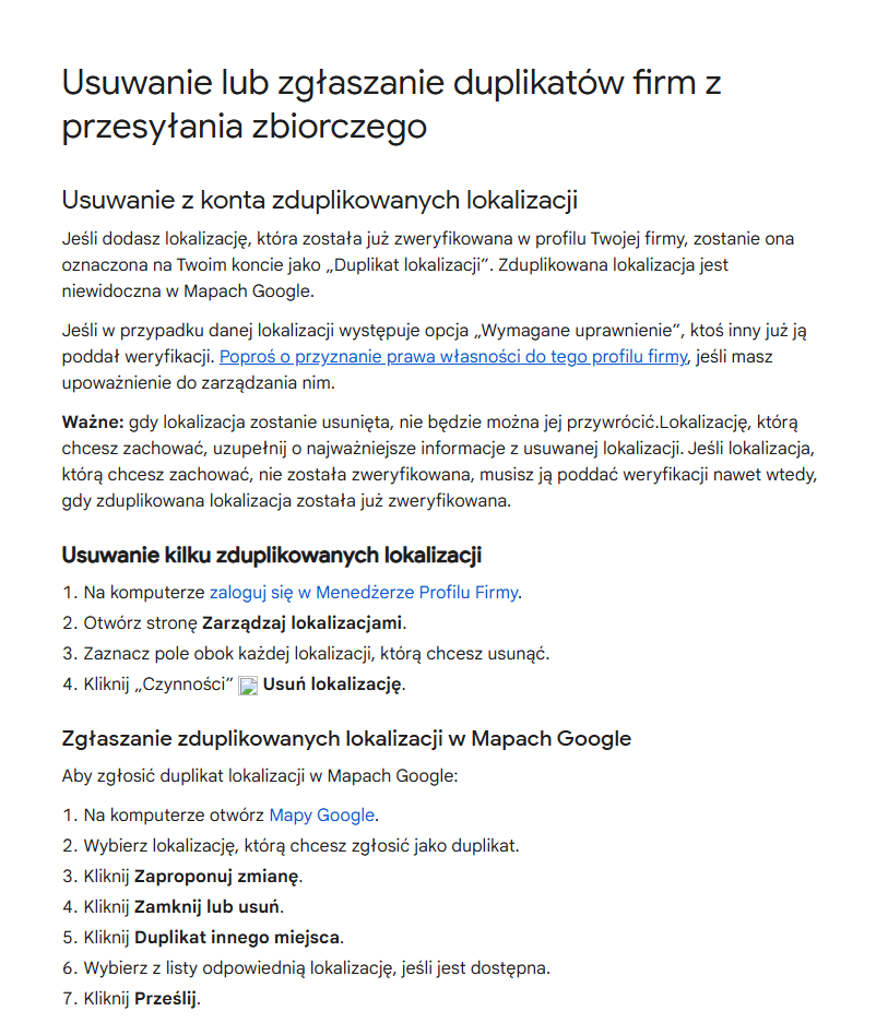 Informacje od Google na temat usuwania lub zgłaszania duplikatów firm.