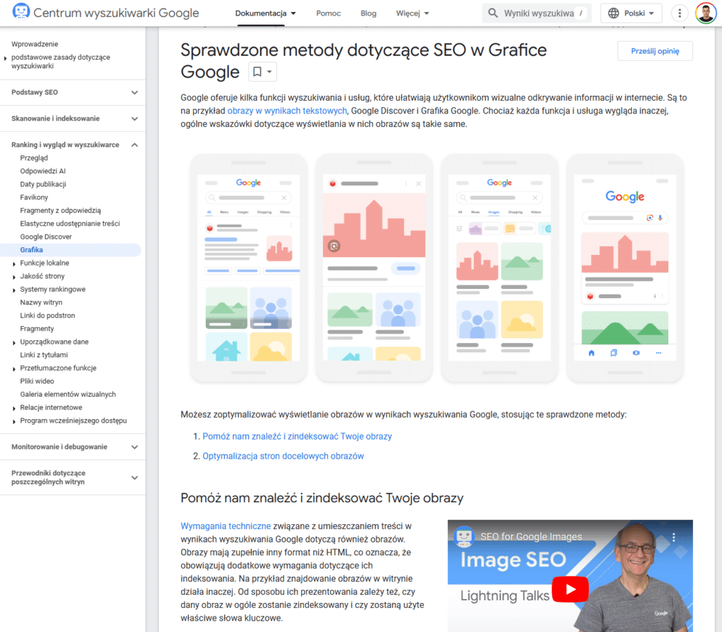 Oficjalna dokumentacja Google na temat SEO w Grafice Google.
