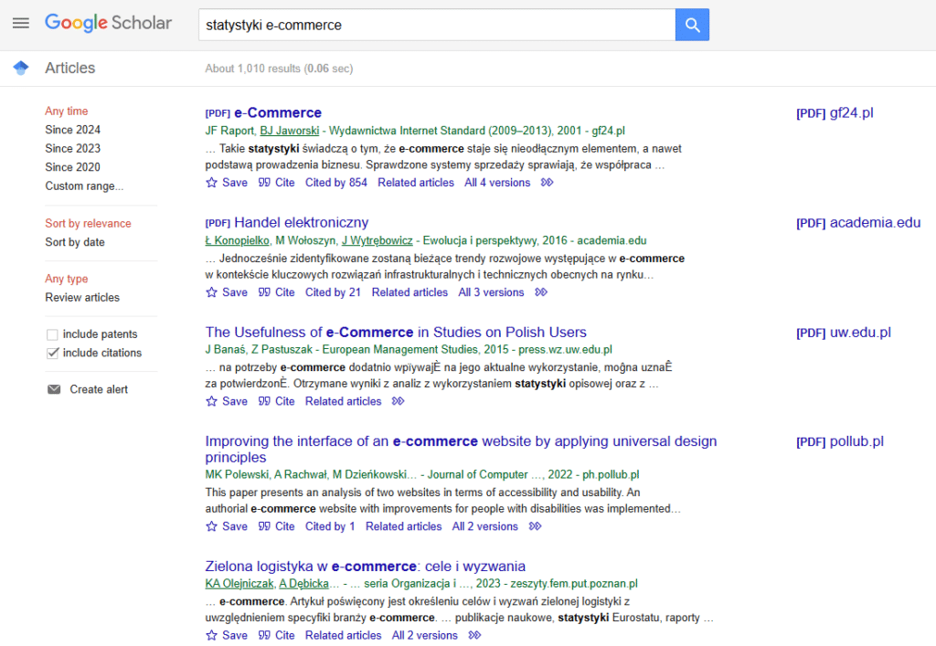 Wykorzystanie Google Scholar.