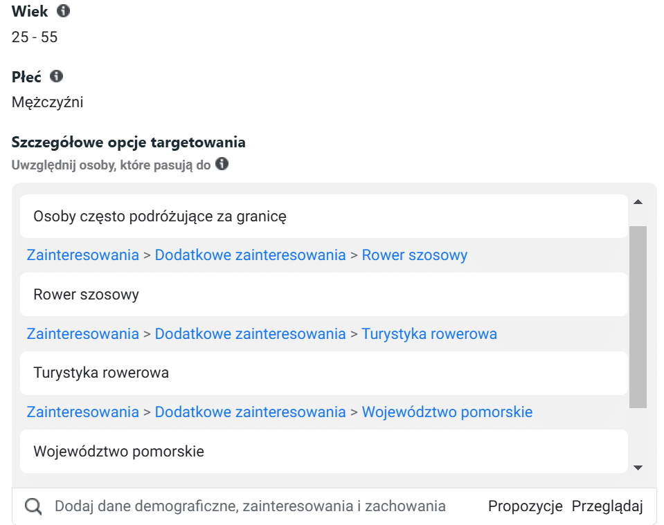 przykład konfiguracji targetowania na Facebooku