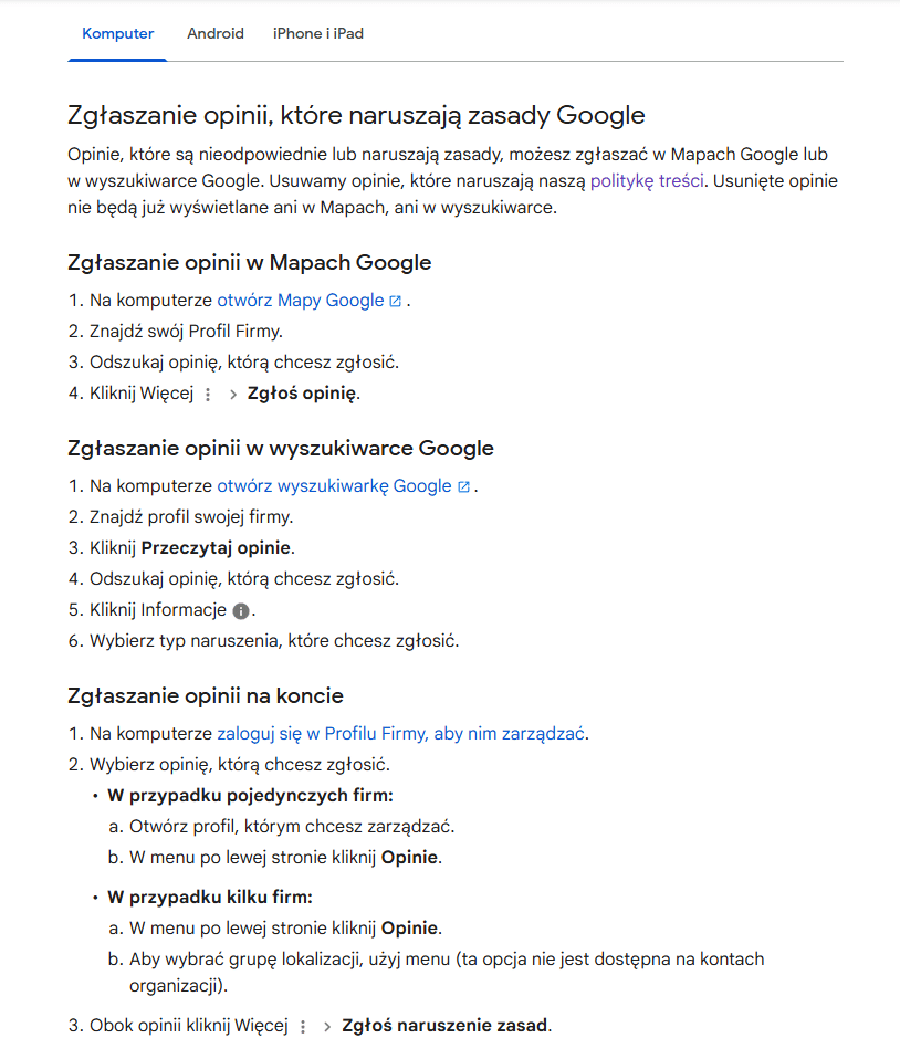 Instrukcja zgłaszania opinii, które naruszają zasady Google.