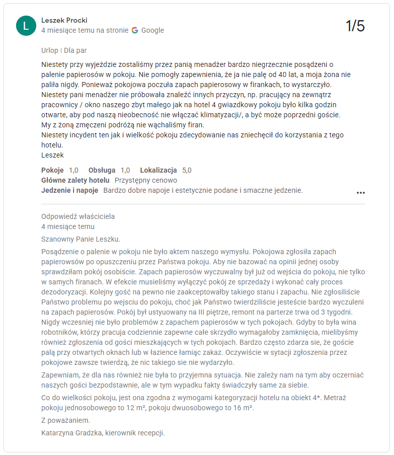 Odpowiedź kierownika recepcji Hotelu Cristal na negatywny komentarz klienta.