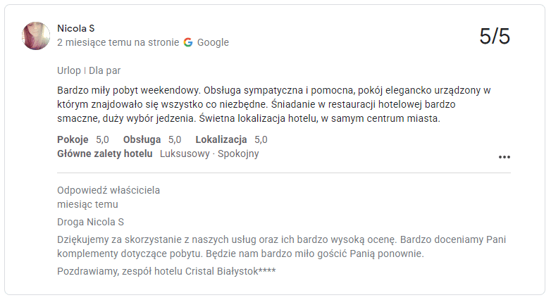 Odpowiedź na 5-gwiazdkową opinię w wizytówce Google Moja Firma.