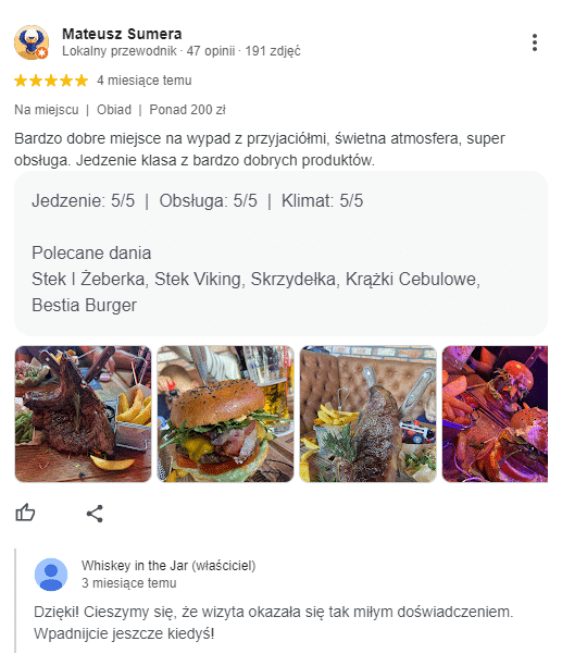 Odpowiedź Whiskey In The Jar na 5-gwiazdkową opinię w Google.
