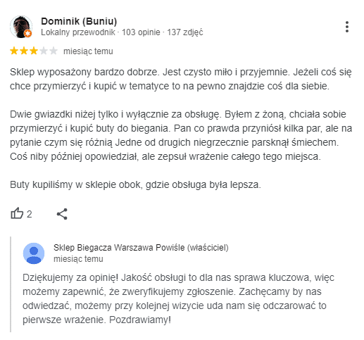 Sklep Biegacza odpowiada na opinię w zakresie obsługi. 