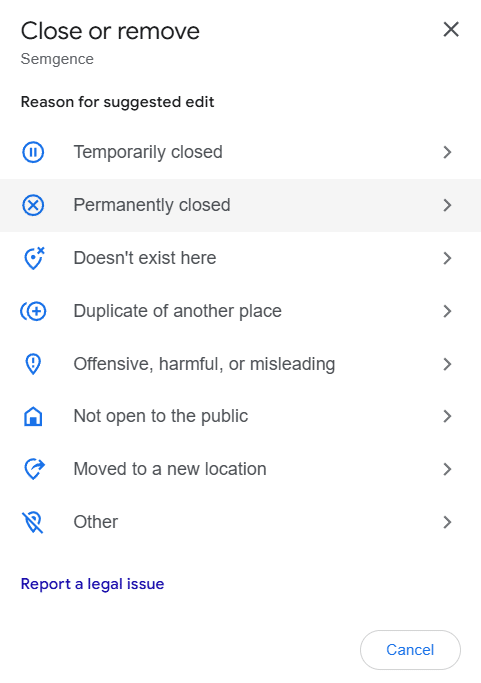 Oznaczenie firmy jako zamkniętej na stałe. 
