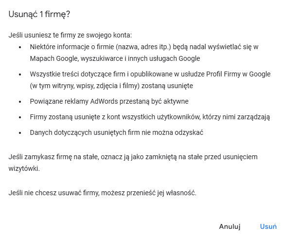 Potwierdzenie usunięcia wizytówki Google Moja Firma.