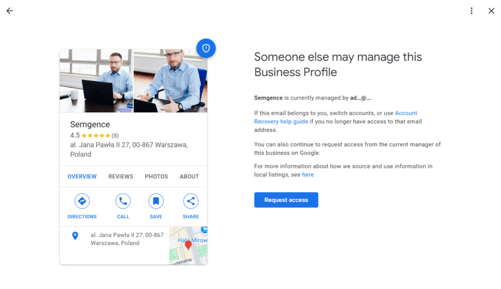 Próba odzyskania dostępu do wizytówki Google Moja Firma.